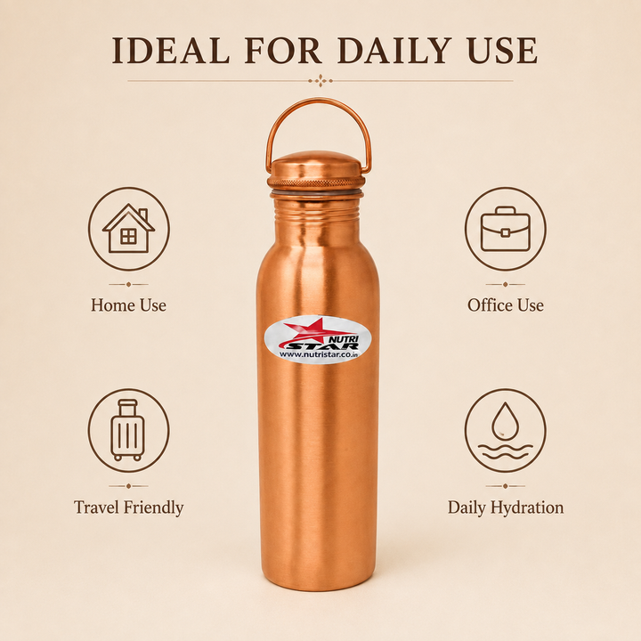 Pure copper water bottle with secure lid durable body and carry handle