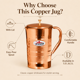 Copper Water Jug with Lid, Copper Jug,  Drinkware ( Pack of 1).