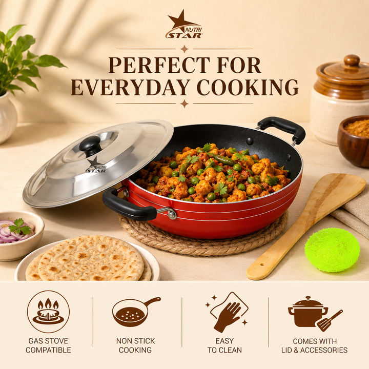 Non Stick Kadai/Pan with Handles, wooden turner, and Lid, Deep Fry Pan. - uses