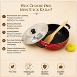 Non Stick Kadai/Pan with Handles, wooden turner, and Lid, Deep Fry Pan.