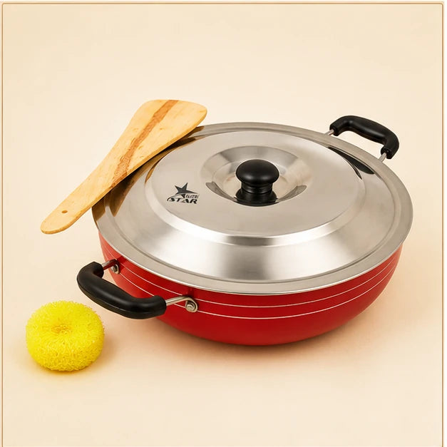 Non Stick Kadai/Pan with Handles, wooden turner, and Lid, Deep Fry Pan. - main product image