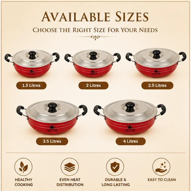 Non Stick Kadai/Pan with Handles, wooden turner, and Lid, Deep Fry Pan. - size guide