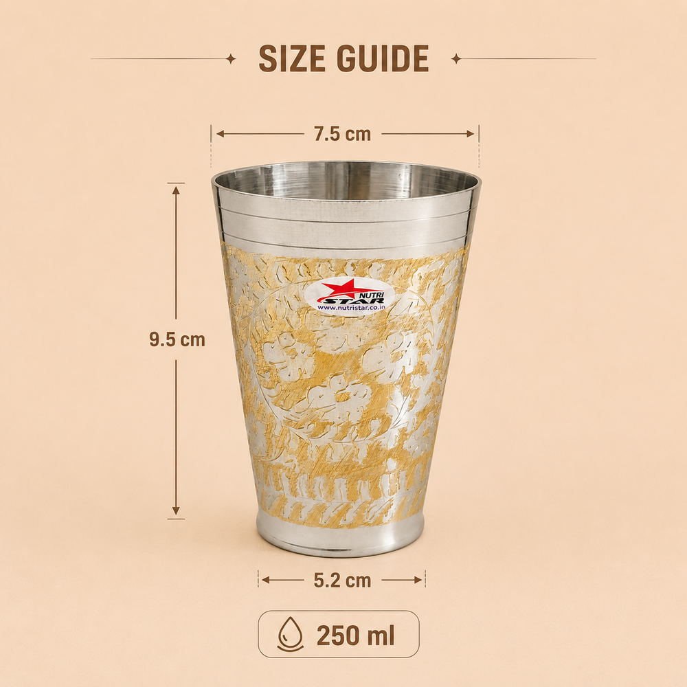 Nutristar decorative silver-tone drinking glass with gold floral engraving and tall tapered design