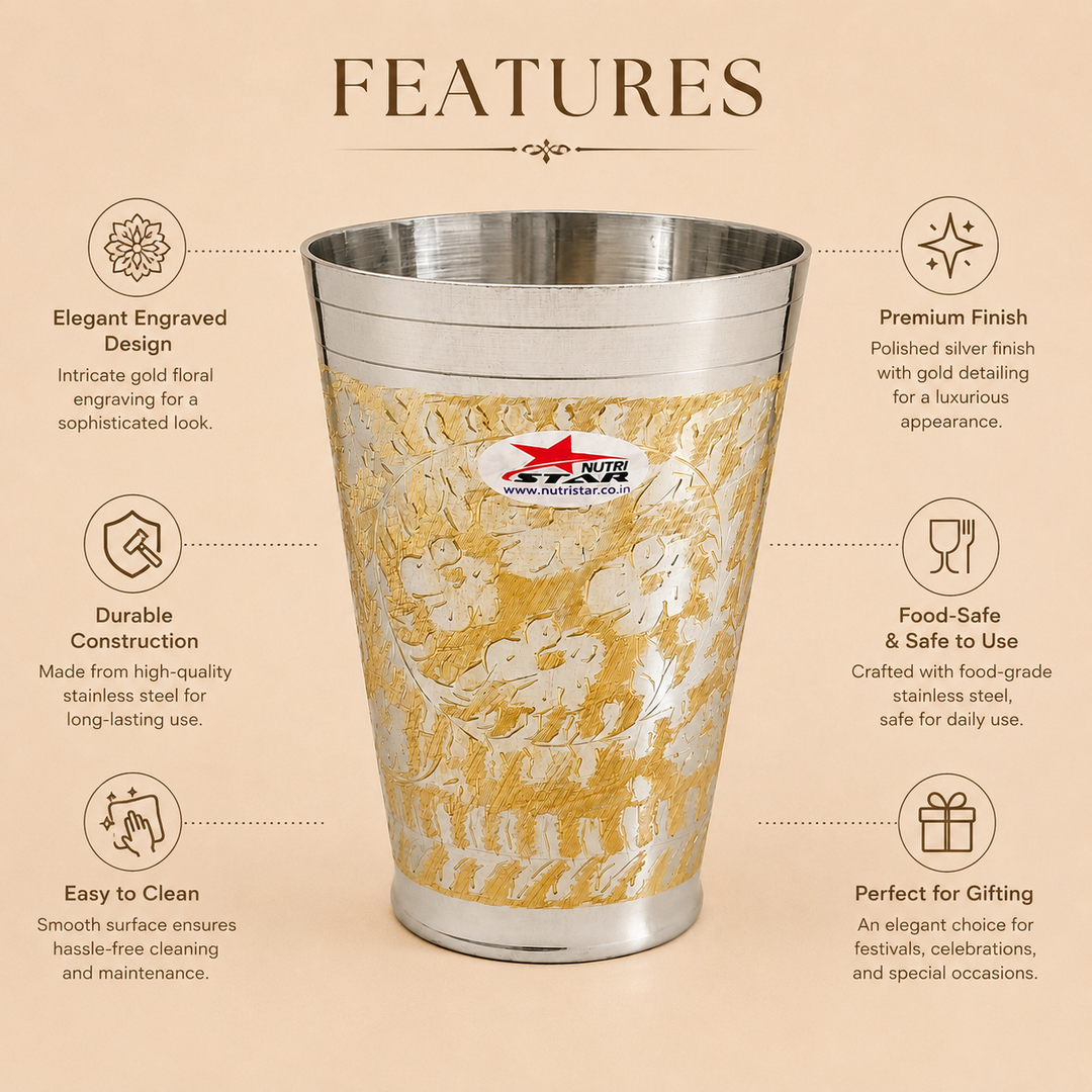Nutristar decorative silver-tone drinking glass with gold floral engraving and tall tapered design