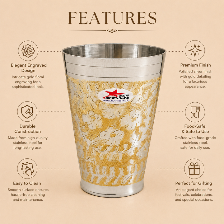 Nutristar decorative silver-tone drinking glass with gold floral engraving and tall tapered design
