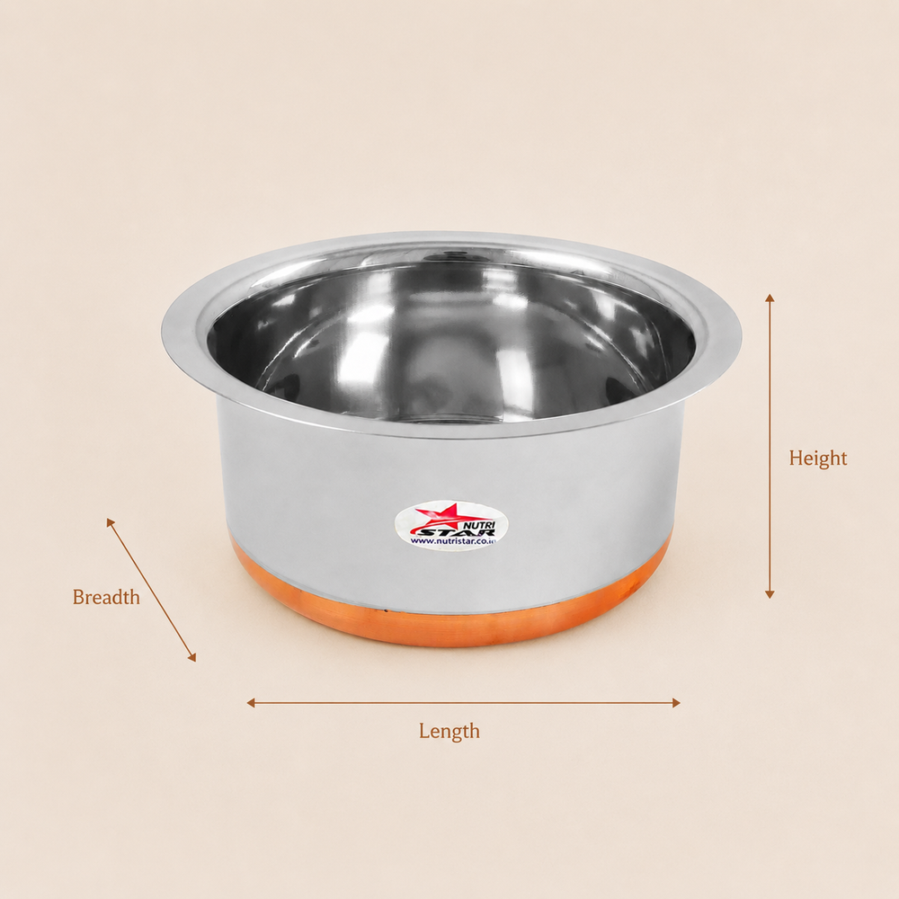 Stainless Steel Copper Bottom Cooking Pot,Tope,Patila. SS Bagona - size guide