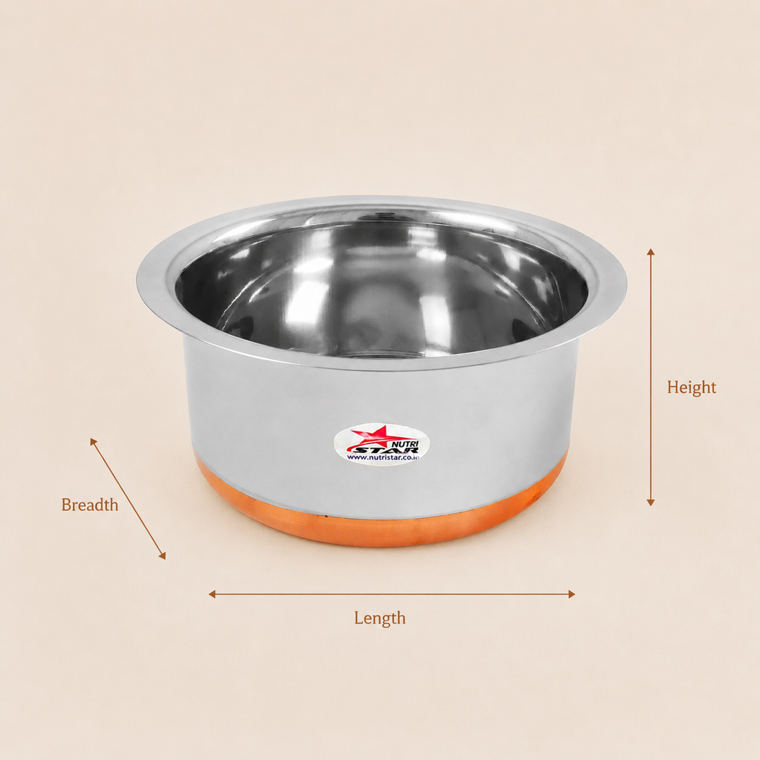 Stainless Steel Copper Bottom Cooking Pot,Tope,Patila. SS Bagona - size guide