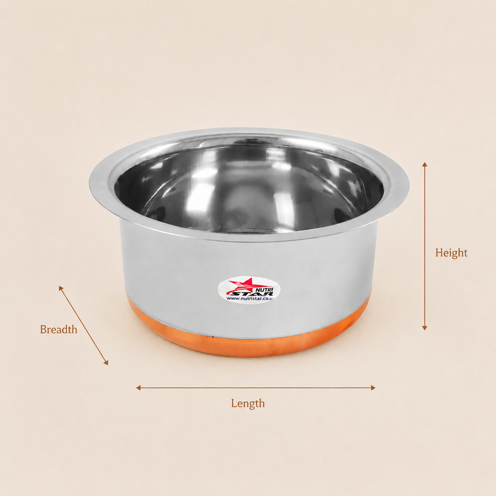 Stainless Steel Copper Bottom Cooking Pot,Tope,Patila. SS Bagona - size guide