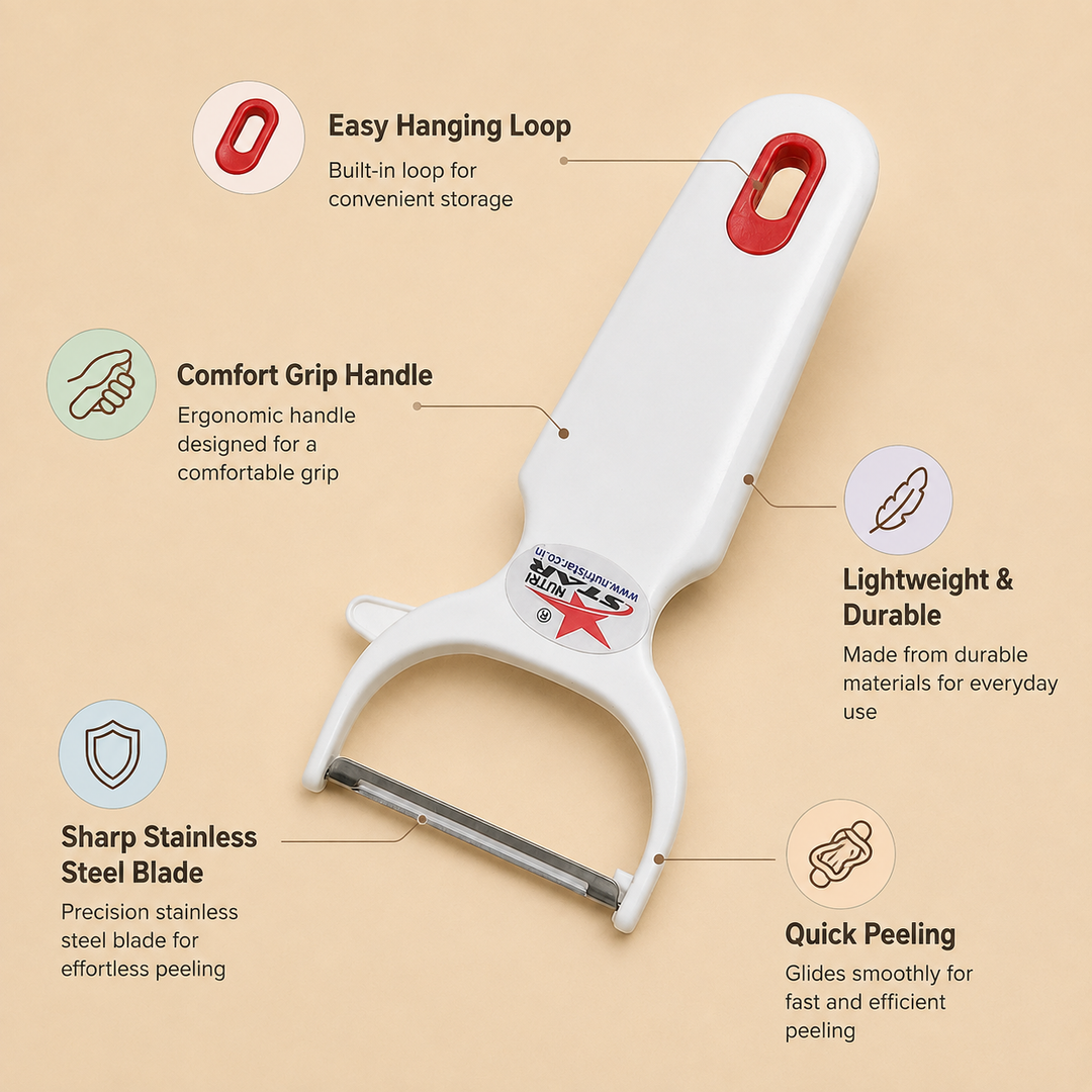 Nutristar white Y-shaped vegetable peeler with stainless steel blade and red hanging loop
