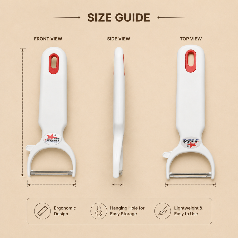 Nutristar white Y-shaped vegetable peeler with stainless steel blade and red hanging loop