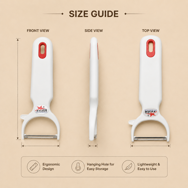 Nutristar white Y-shaped vegetable peeler with stainless steel blade and red hanging loop