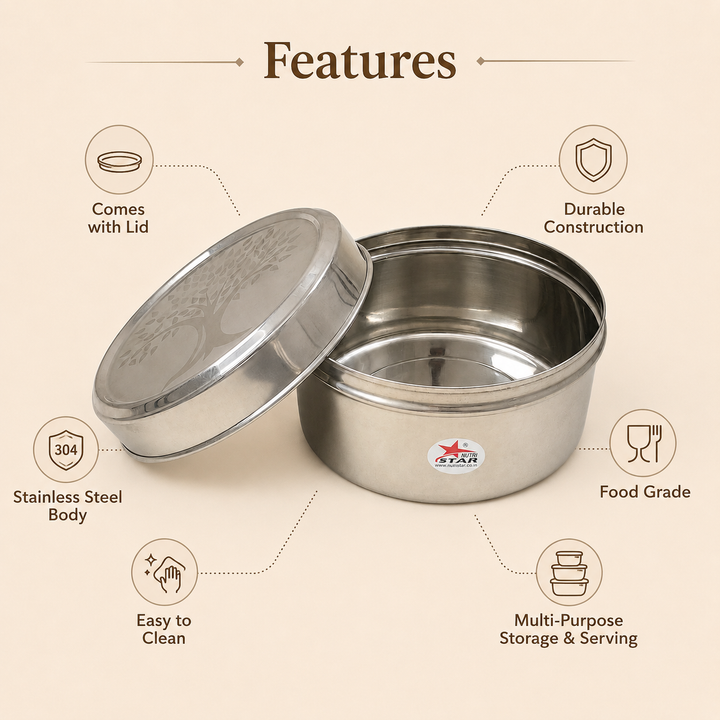 Nutristar stainless steel roti storage container with matching lid