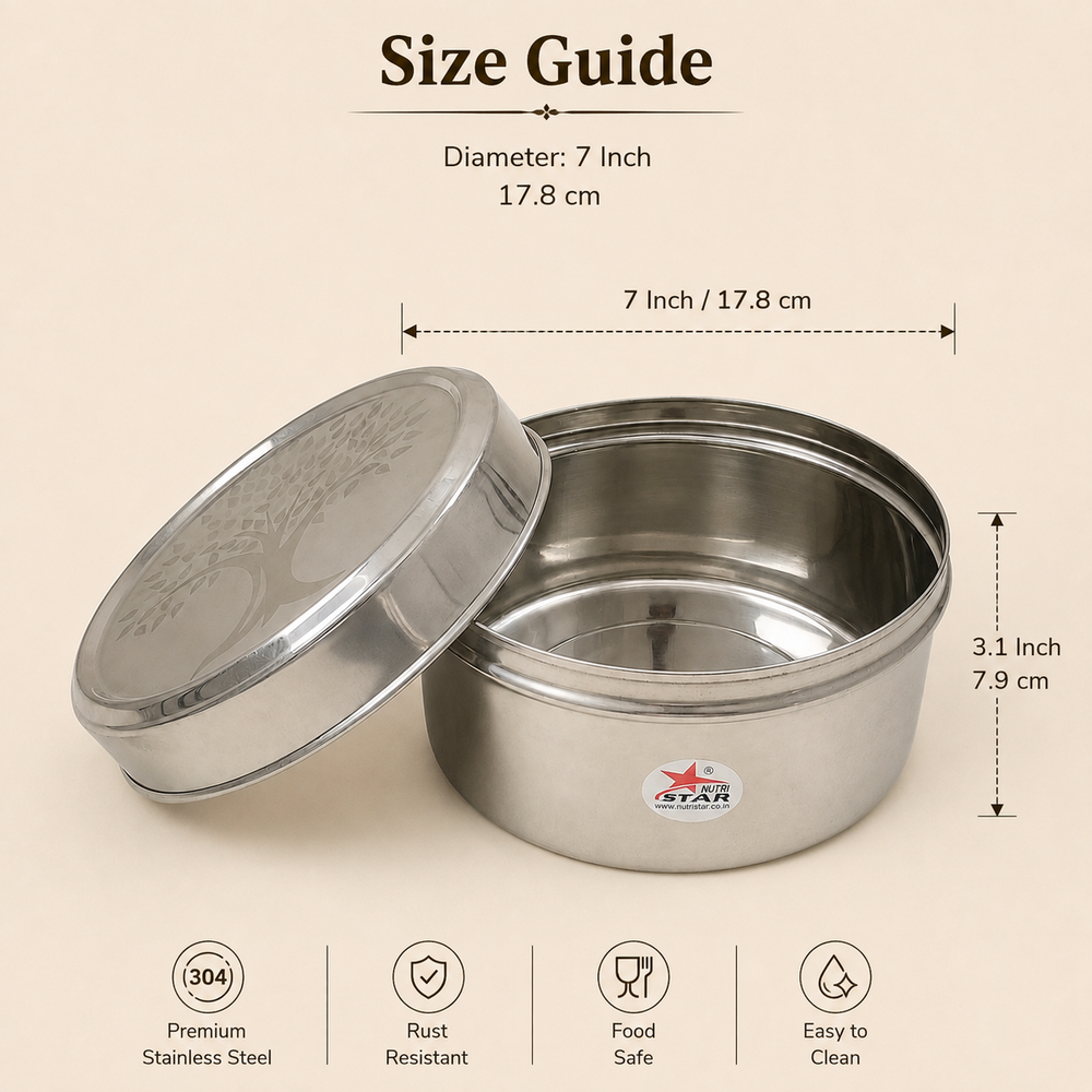 Nutristar stainless steel roti storage container with matching lid
