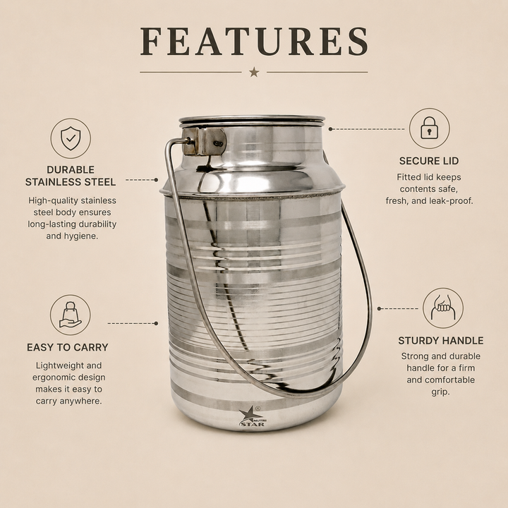 Nutristar stainless steel milk can with fitted lid and carry handle