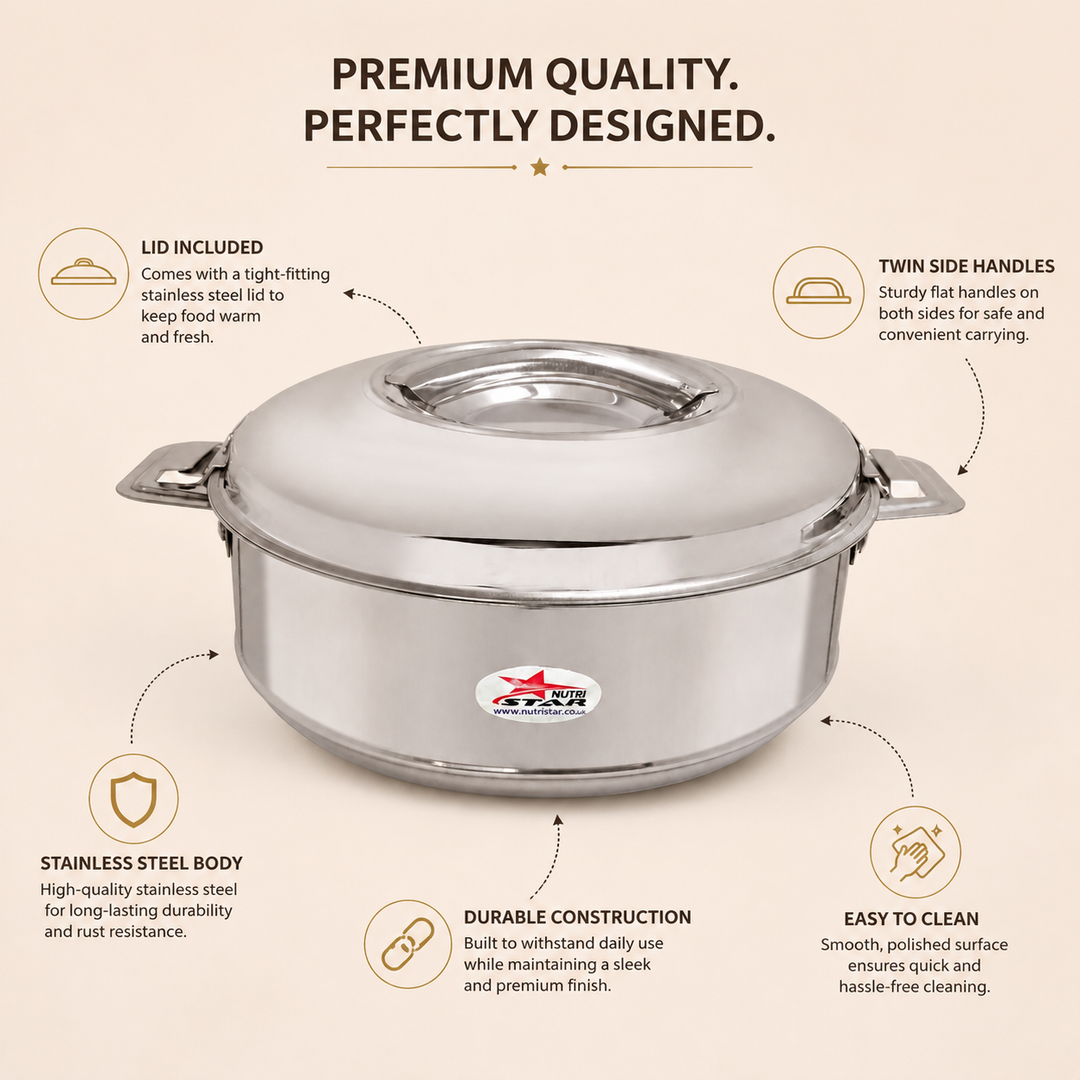 Nutristar stainless steel insulated casserole with lid and twin side handles