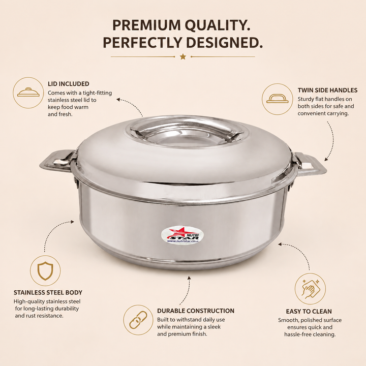 Nutristar stainless steel insulated casserole with lid and twin side handles