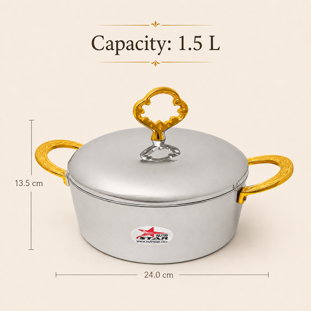 Nutristar stainless steel casserole with lid and gold tone handles