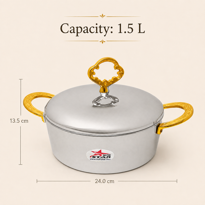 Nutristar stainless steel casserole with lid and gold tone handles