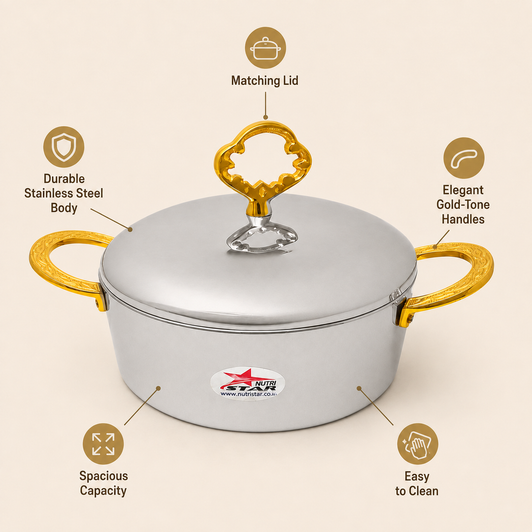 Nutristar stainless steel casserole with lid and gold tone handles