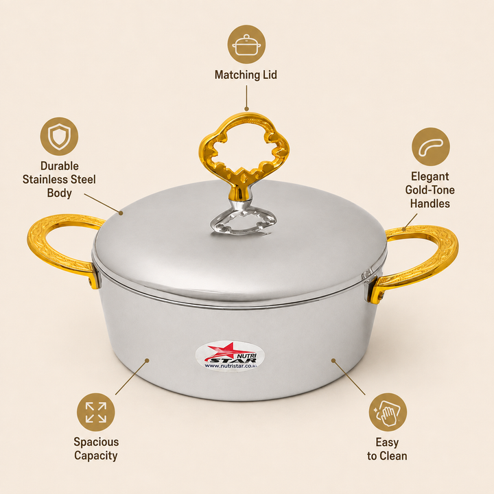 Nutristar stainless steel casserole with lid and gold tone handles