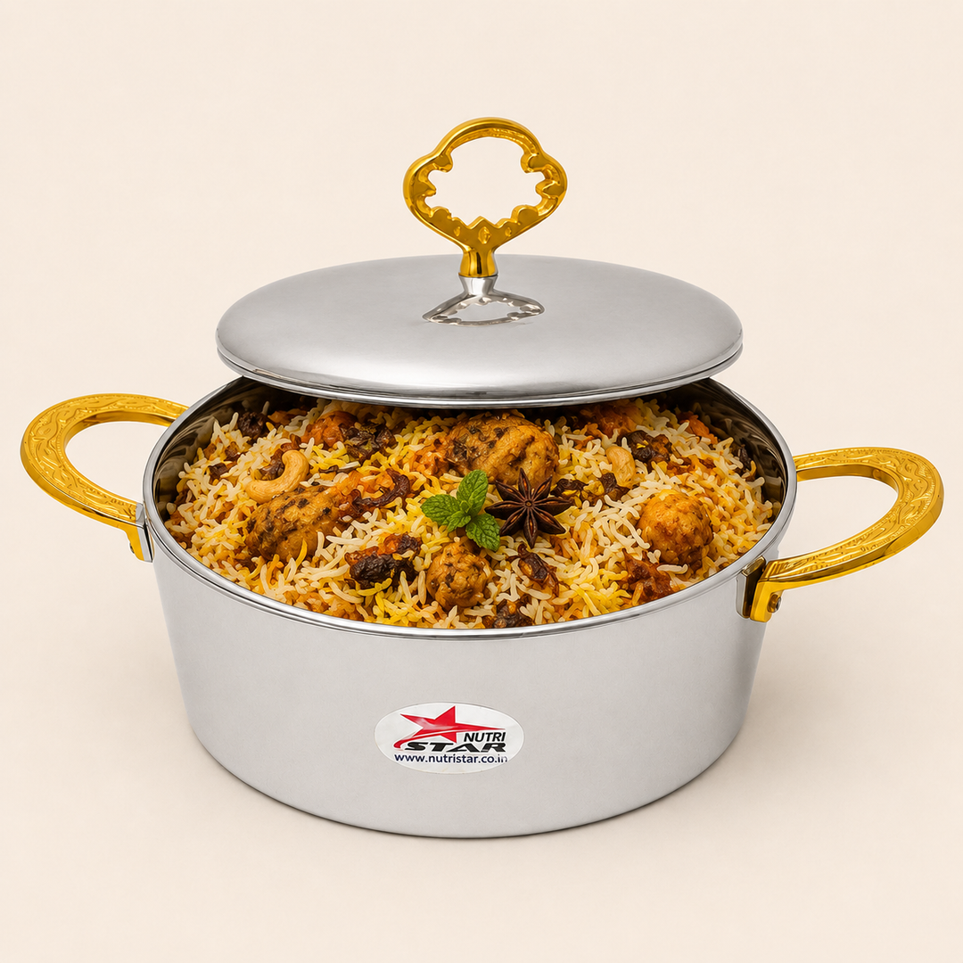 Nutristar stainless steel casserole with lid and gold tone handles