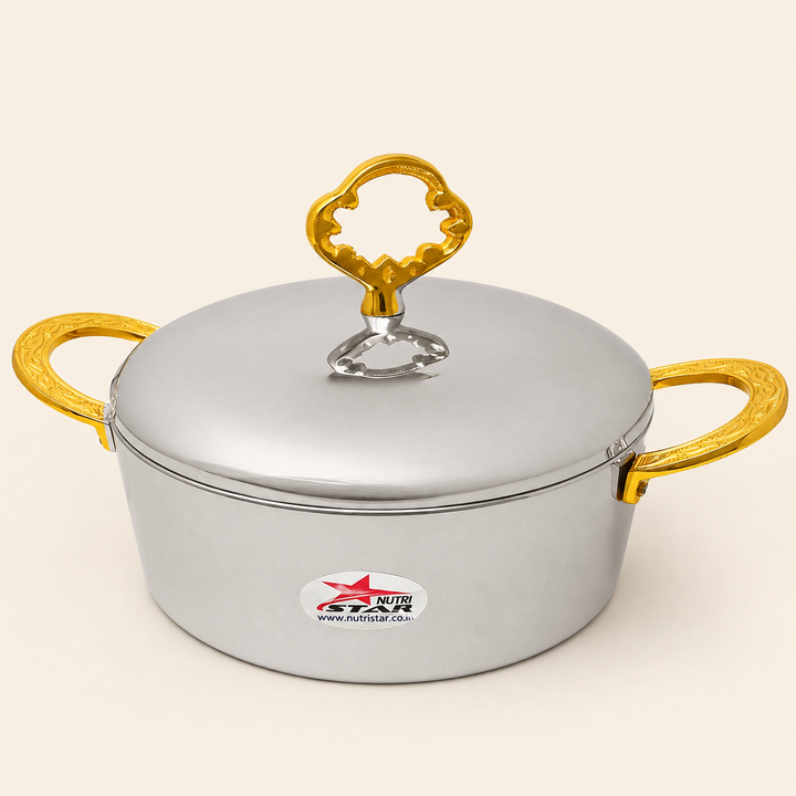 Nutristar stainless steel casserole with lid and gold tone handles
