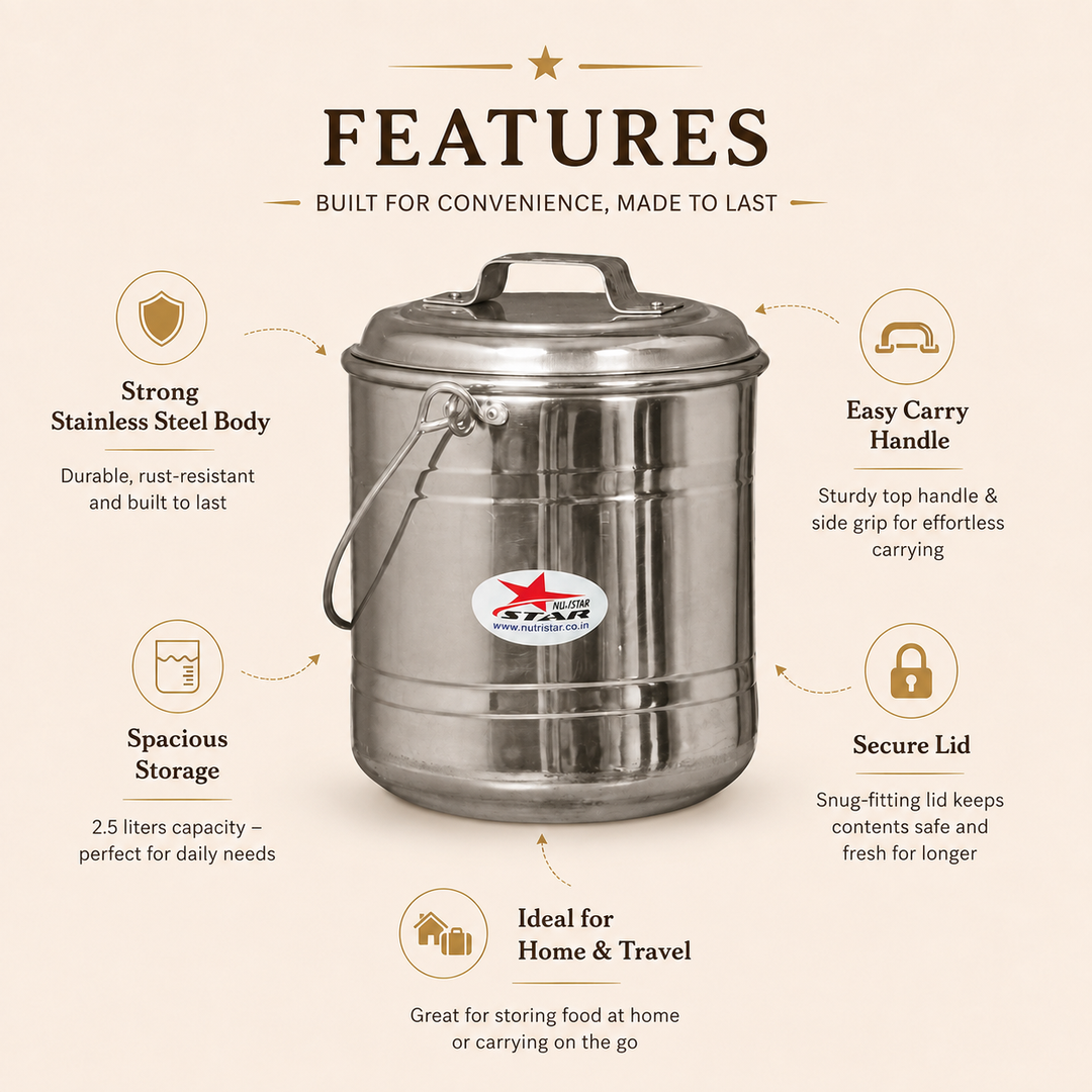 Nutristar stainless steel storage container with lid and carry handle features