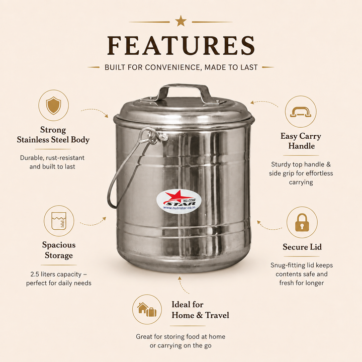Nutristar stainless steel storage container with lid and carry handle features