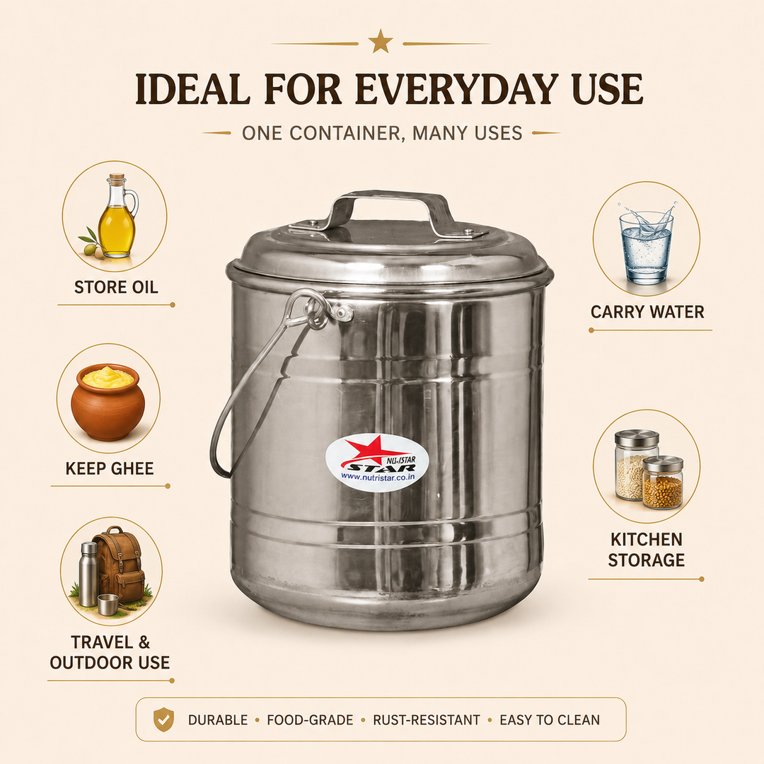 Nutristar stainless steel storage container with lid and carry handle usage