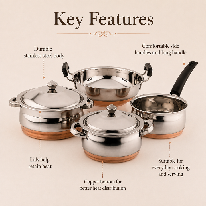 Nutristar stainless steel cookware set with copper bottom serving dishes saucepan and kadai