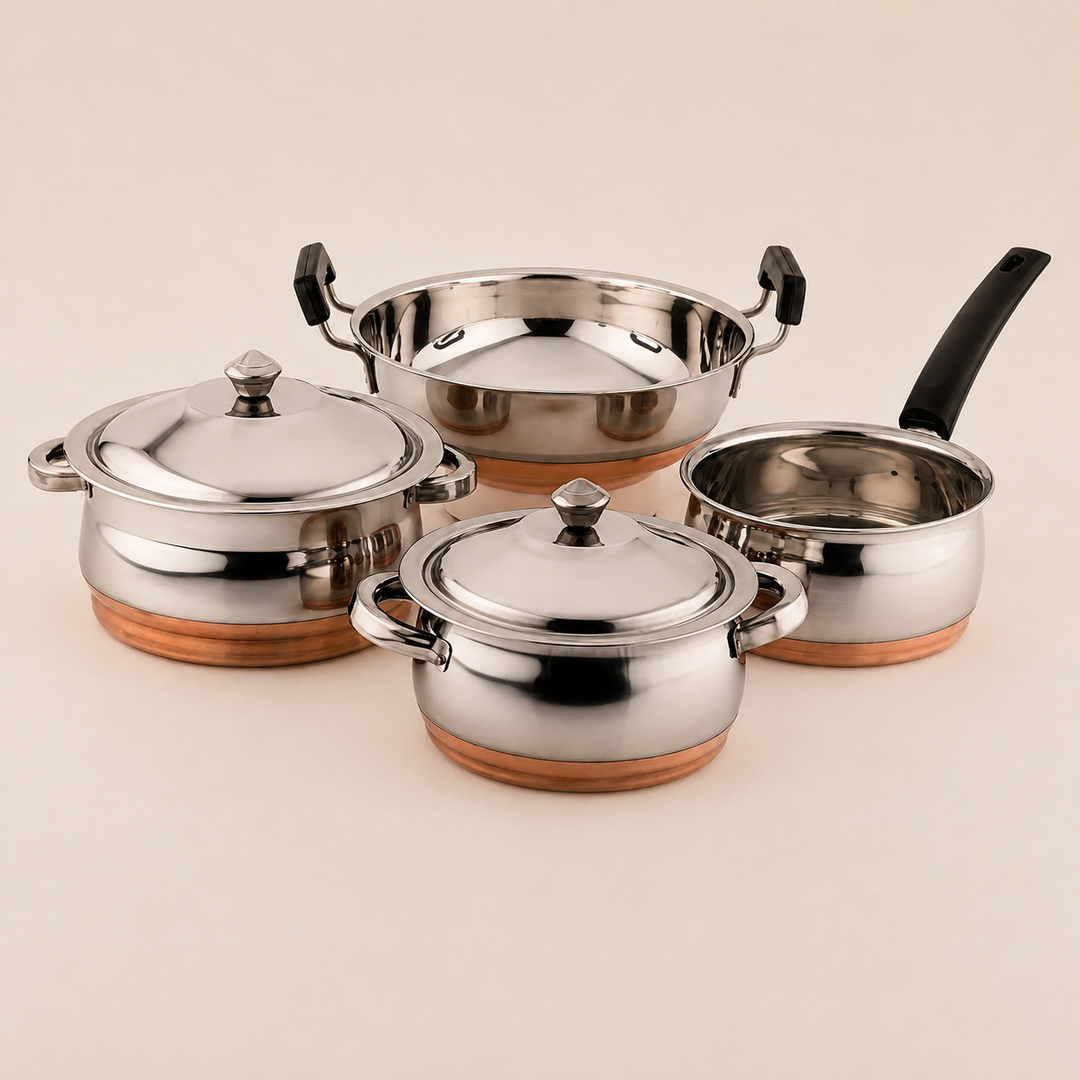 Nutristar stainless steel cookware set with copper bottom serving dishes saucepan and kadai