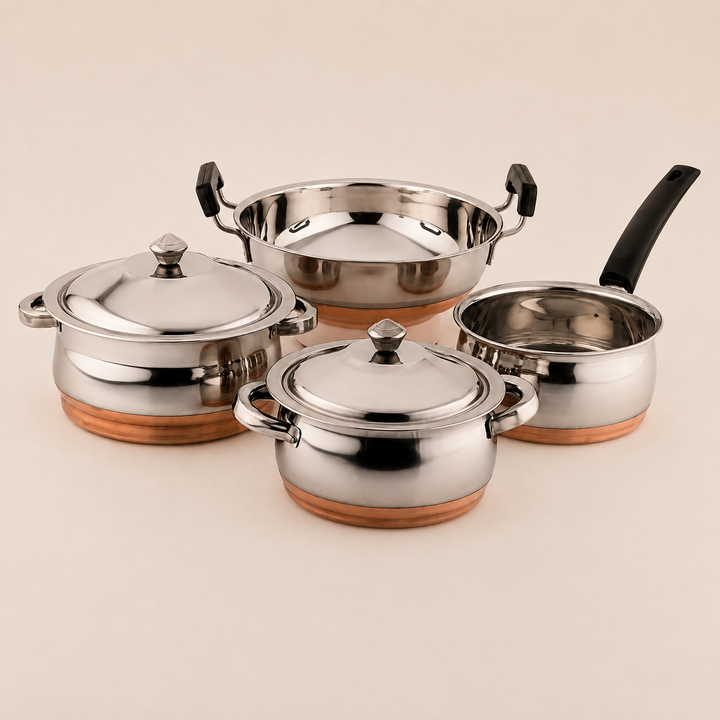 Nutristar stainless steel cookware set with copper bottom serving dishes saucepan and kadai