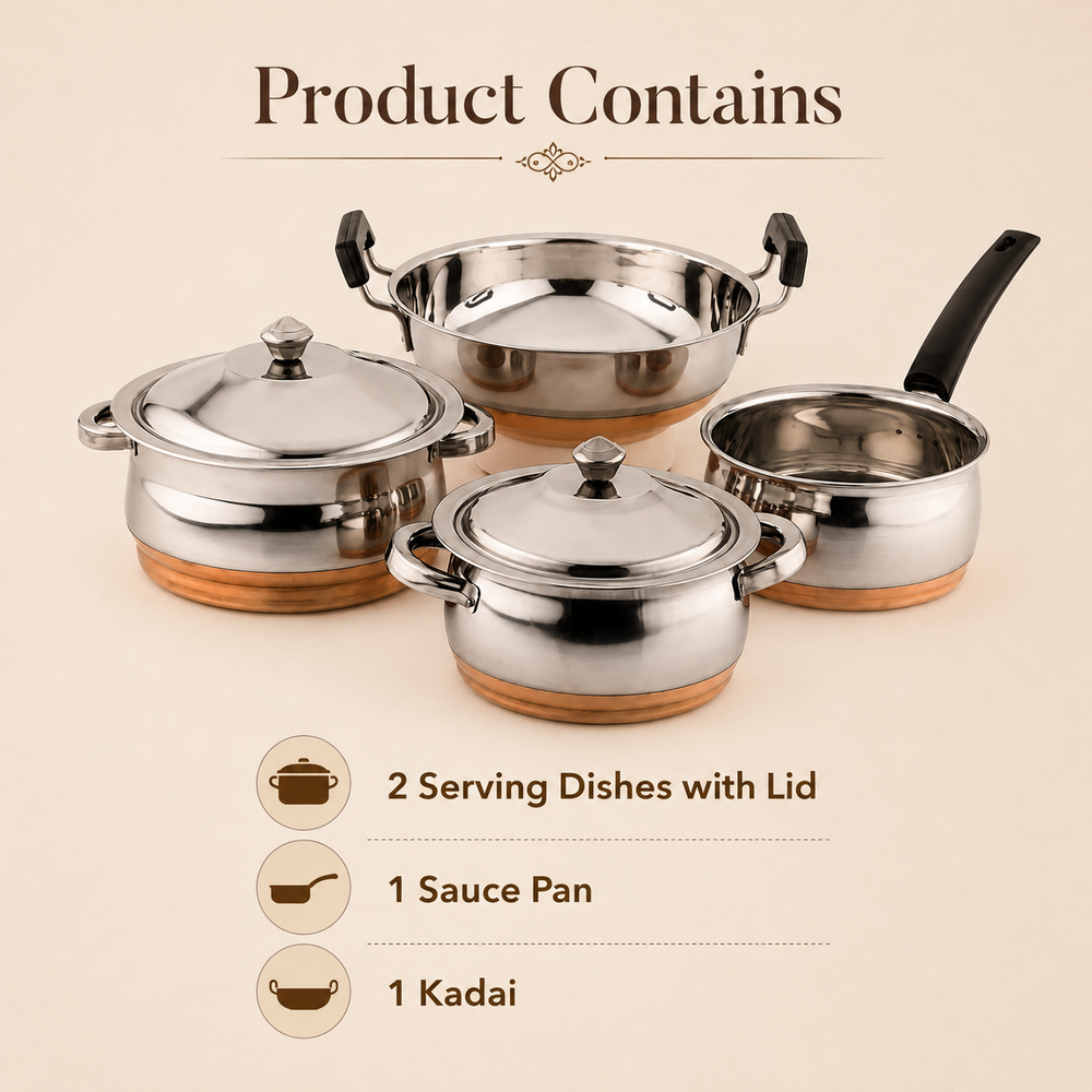 Nutristar stainless steel cookware set with copper bottom serving dishes saucepan and kadai