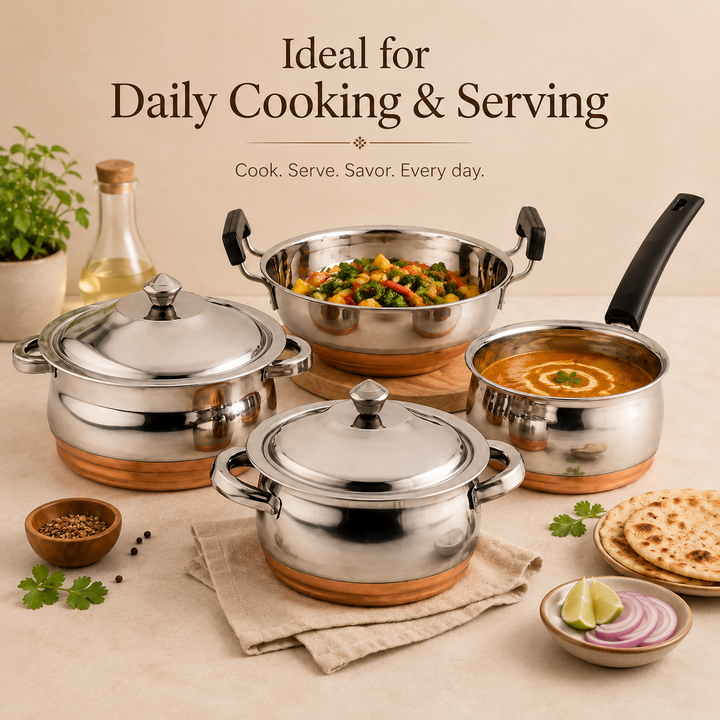 Nutristar stainless steel cookware set with copper bottom serving dishes saucepan and kadai
