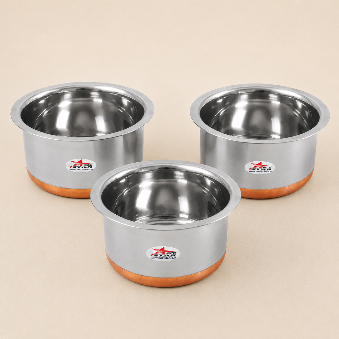 Stainless Steel Copper Bottom Cooking Pot,Tope,Patila. SS Bagona-pack of 3.