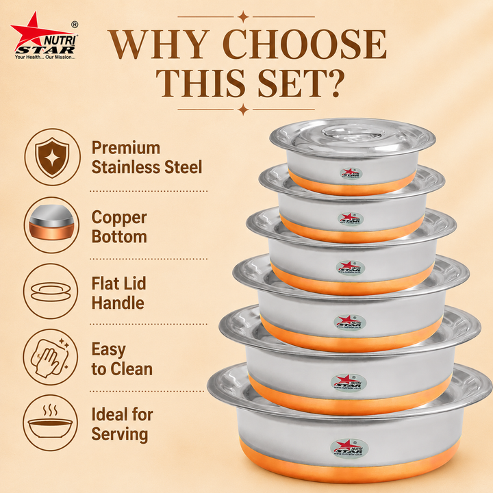 Stainless Steel Copper Bottom Serving Dishes With Lid, Serving Bowls, Pack Of 6 - uses