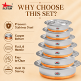 Stainless Steel Copper Bottom Serving Dishes With Lid, Serving Bowls, Pack Of 6