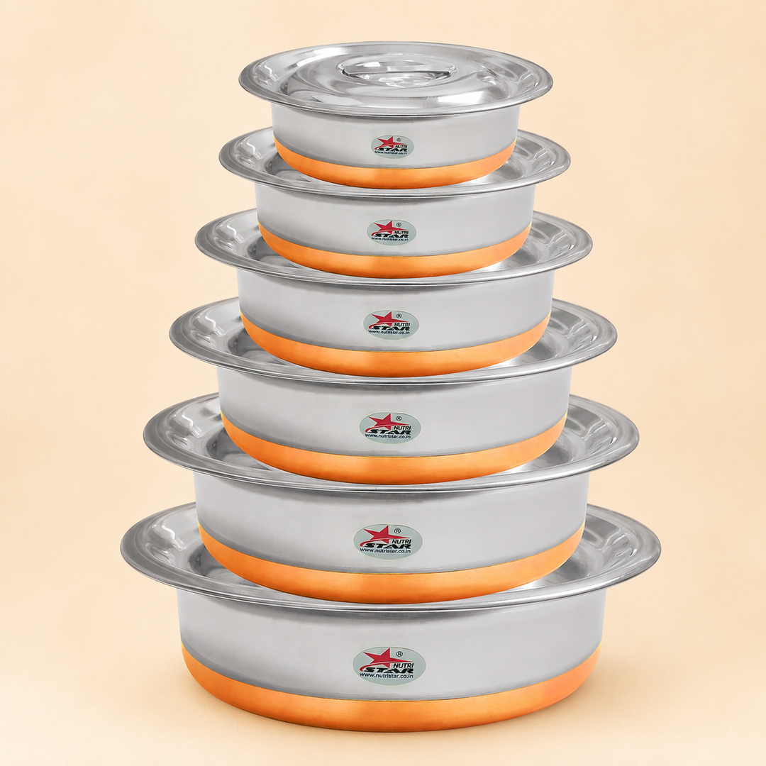 Stainless Steel Copper Bottom Serving Dishes With Lid, Serving Bowls, Pack Of 6 - main product image