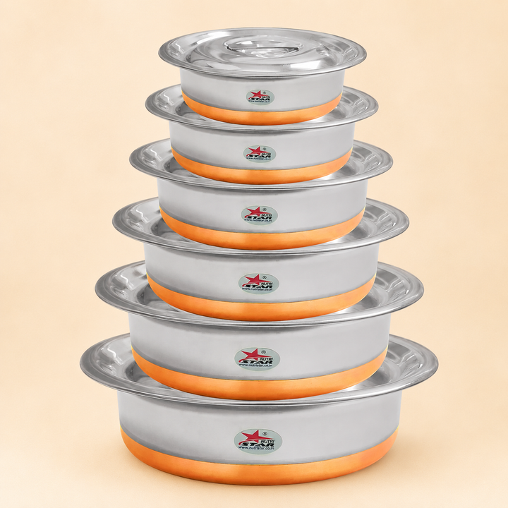 Stainless Steel Copper Bottom Serving Dishes With Lid, Serving Bowls, Pack Of 6 - main product image