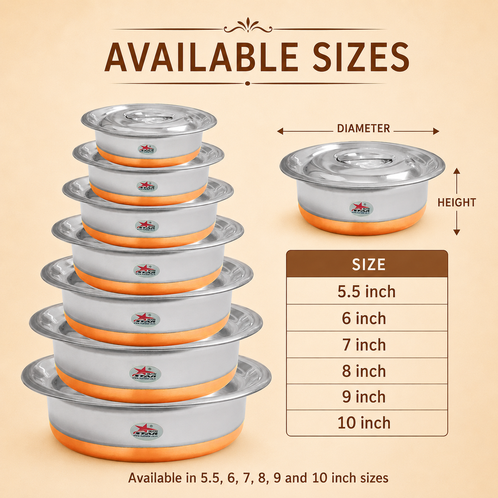Stainless Steel Copper Bottom Serving Dishes With Lid, Serving Bowls, Pack Of 6 - use