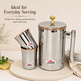 Nutristar stainless steel water jug with lid and two matching glasses with copper accents