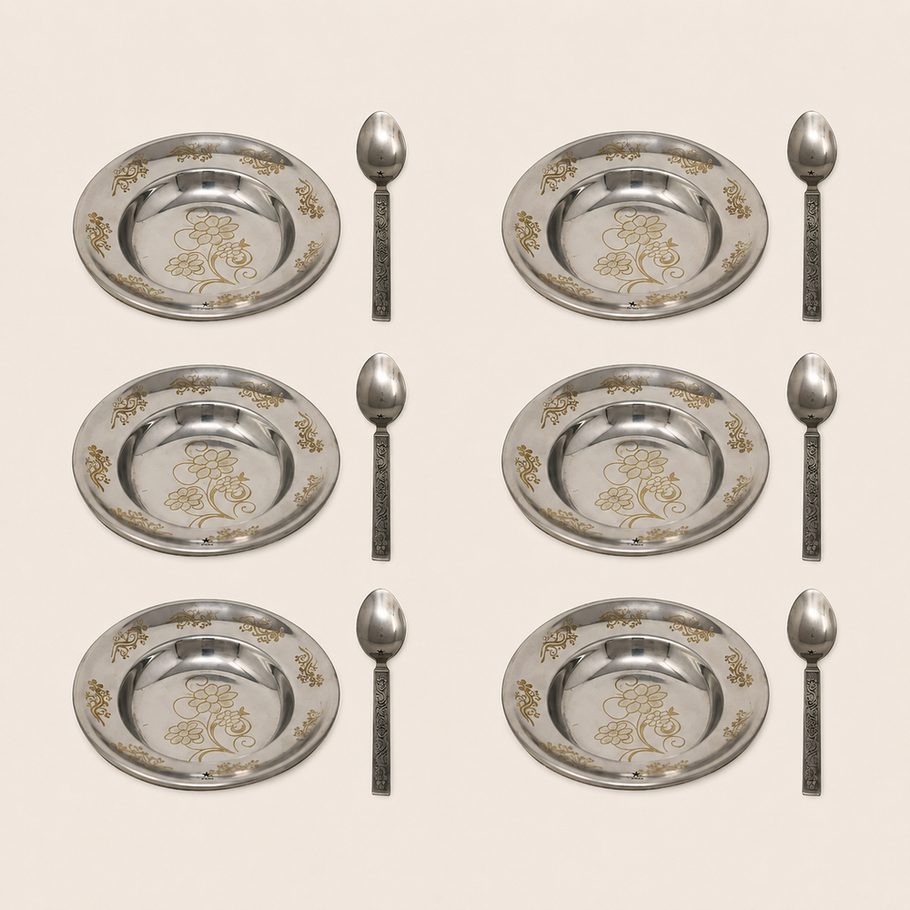 Stainless Steel Dessert Plates with Spoons Set. with Floral Laser Design Best for Serving Dessert. (6 Spoons & 6 Sweet Plate) – product image