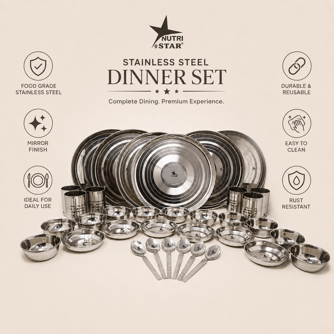 Nutristar 35 piece stainless steel dinner set with plates glasses spoons and bowls