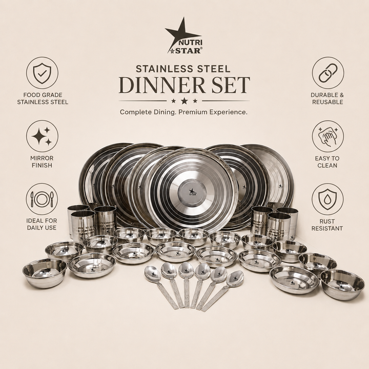Nutristar 35 piece stainless steel dinner set with plates glasses spoons and bowls