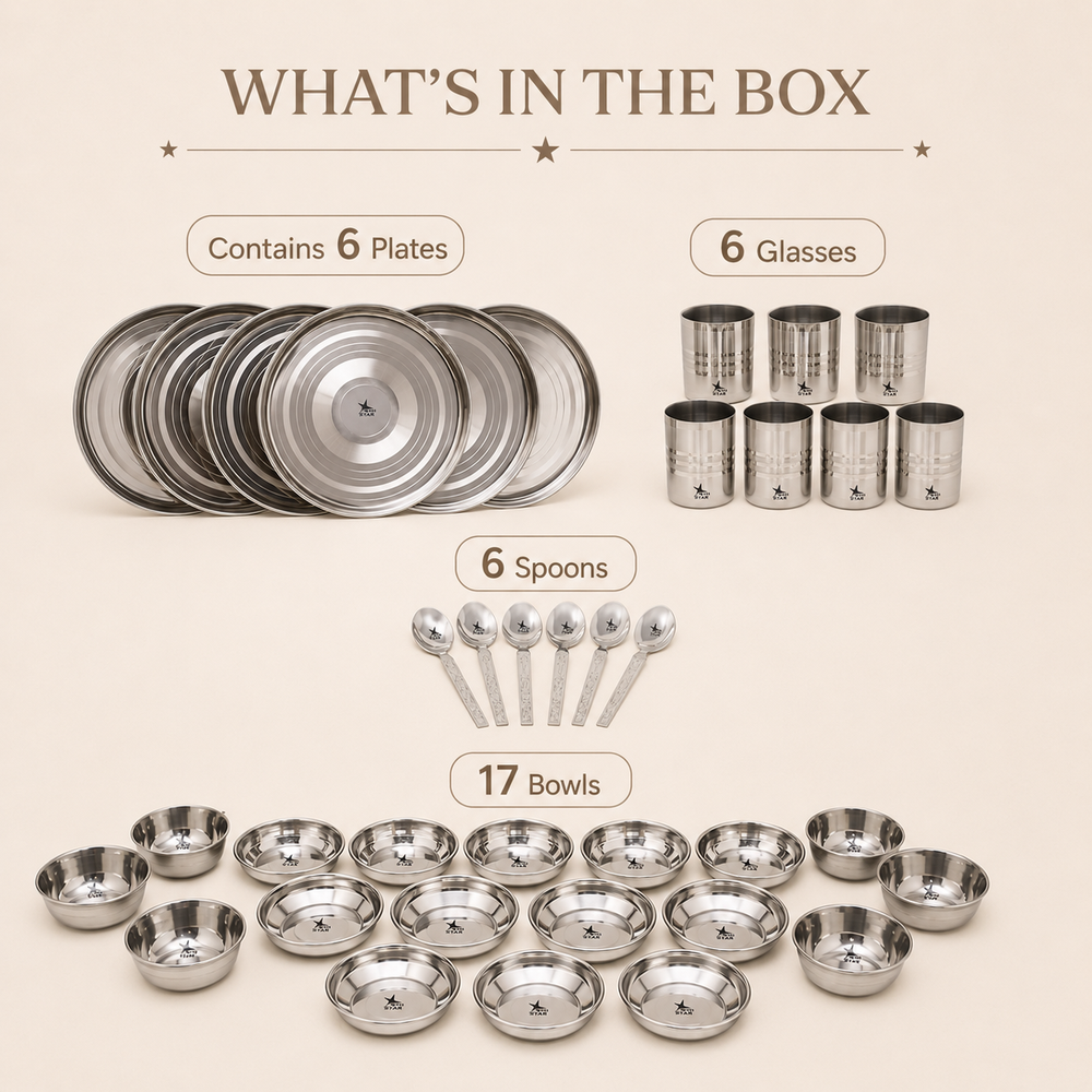 Nutristar 35 piece stainless steel dinner set with plates glasses spoons and bowls