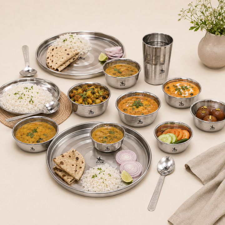 Nutristar 35 piece stainless steel dinner set with plates glasses spoons and bowls