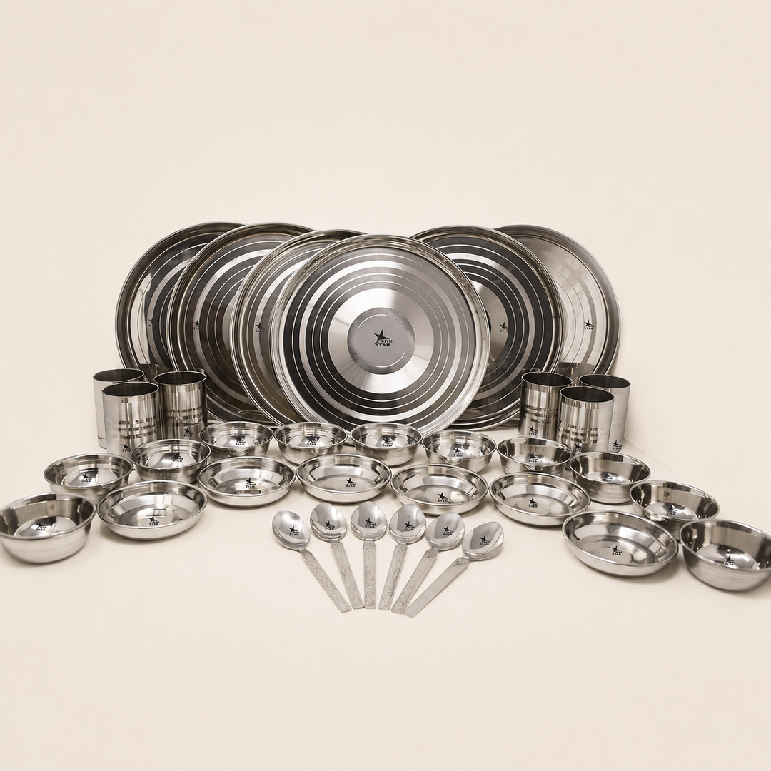 Nutristar 35 piece stainless steel dinner set with plates glasses spoons and bowls