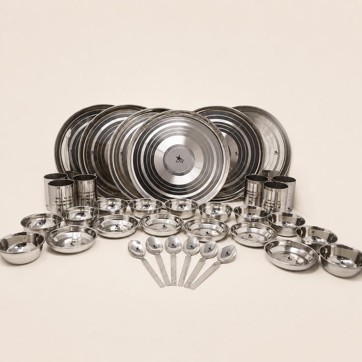 Nutristar 35 piece stainless steel dinner set with plates glasses spoons and bowls