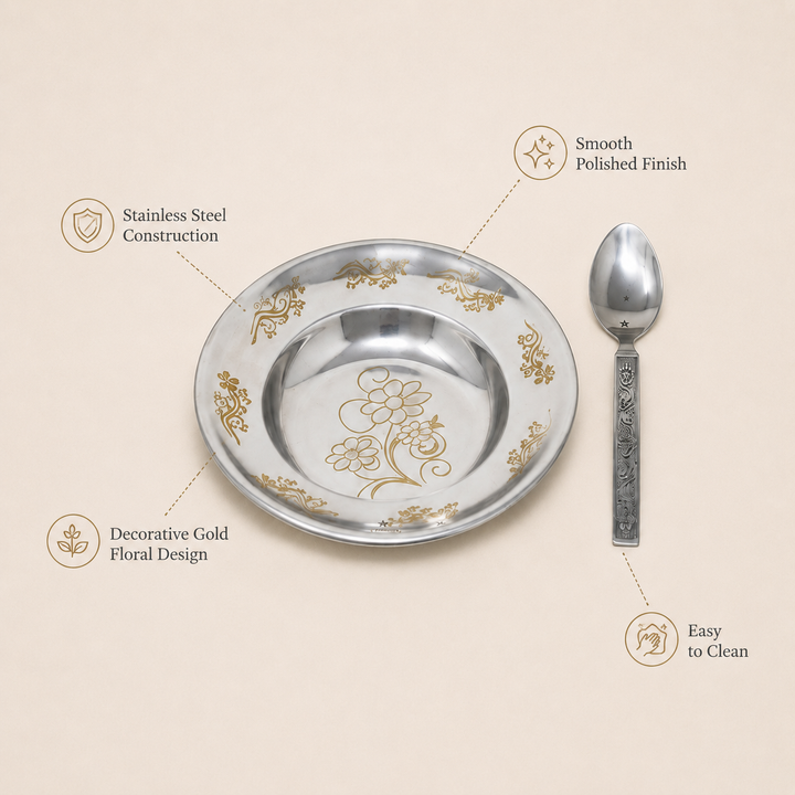 Nutristar stainless steel floral plate and spoon set with gold design