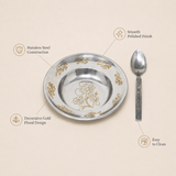 Nutristar stainless steel floral plate and spoon set with gold design